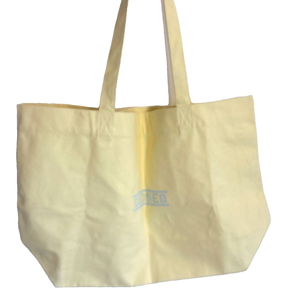 CLOSED Large Canvas Tote Yellow w/Blue Print 23x 14 1/2 x7 1/2 Inside Zip Pocket